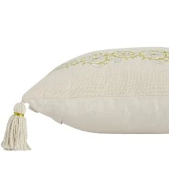 Jasmina Cream Floral Embroidered Linen Blend Tassel Cushion – Elegant Jasmine Vine Decorative Pillow -Daals Store HW CUSH JASMINA detail2