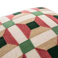 Knox Pink Green & Beige Crewelwork Wool Embroidered Cushion – Geometric Optical Illusion 50x50 Throw Pillow -Daals Store HW CUSH KNOX PINKGREENBEIGE detail1