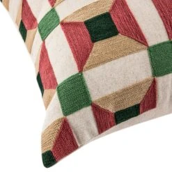 Knox Pink Green & Beige Crewelwork Wool Embroidered Cushion – Geometric Optical Illusion 50x50 Throw Pillow -Daals Store HW CUSH KNOX PINKGREENBEIGE detail2
