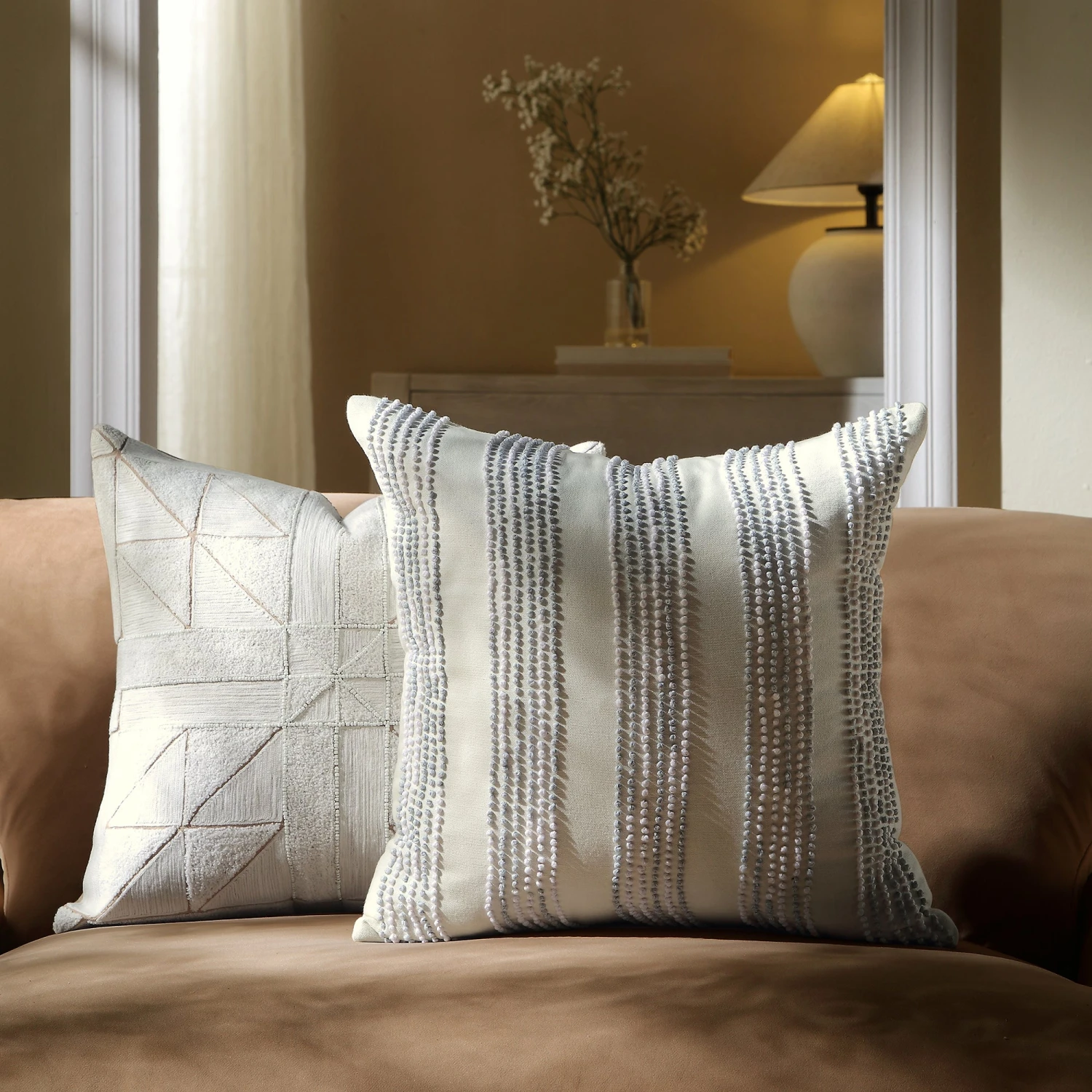 Indigo Collection Laguna French Knot White & Soft Blue Textured Cotton Cushion - 45x45cm Square Throw Pillow 1 Indigo Collection Laguna French Knot White & Soft Blue Textured Cotton Cushion - 45x45cm Square Throw Pillow