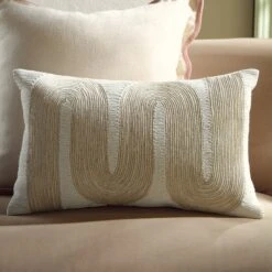 Luxe Collection Pearl White & Champagne Gold Zari Velvet Cushion – Odilla Sparkle Cord Embroidery Lumbar Pillow