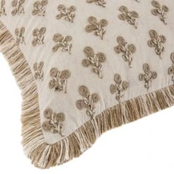 Maison Neutral Betsy Cream Jute Floral Embroidered Cushion – 50x50 Fringed Boho Throw Pillow -Daals Store HW CUSH MAISON BETSY detail1