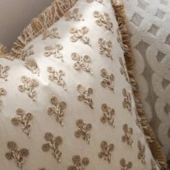 Maison Neutral Betsy Cream Jute Floral Embroidered Cushion – 50x50 Fringed Boho Throw Pillow -Daals Store HW CUSH MAISON BETSY scene1