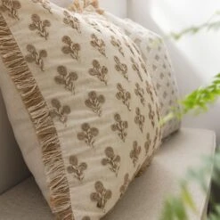 Maison Neutral Betsy Cream Jute Floral Embroidered Cushion – 50x50 Fringed Boho Throw Pillow -Daals Store HW CUSH MAISON BETSY scene3
