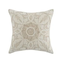 Maison Neutral Rosanna Cushion – Cream & Beige Floral Wool Embroidery Cotton Slub -Daals Store HW CUSH MAISON ROSANNA WB1