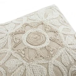 Maison Neutral Rosanna Cushion – Cream & Beige Floral Wool Embroidery Cotton Slub -Daals Store HW CUSH MAISON ROSANNA detail1