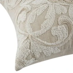 Maison Neutral Rosanna Cushion – Cream & Beige Floral Wool Embroidery Cotton Slub -Daals Store HW CUSH MAISON ROSANNA detail2