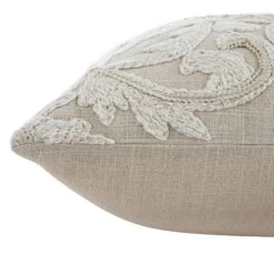 Maison Neutral Rosanna Cushion – Cream & Beige Floral Wool Embroidery Cotton Slub -Daals Store HW CUSH MAISON ROSANNA detail3