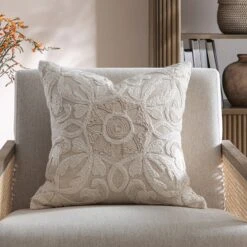 Maison Neutral Rosanna Cushion – Cream & Beige Floral Wool Embroidery Cotton Slub