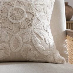 Maison Neutral Rosanna Cushion – Cream & Beige Floral Wool Embroidery Cotton Slub -Daals Store HW CUSH MAISON ROSANNA scene2