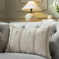 Maison Neutral Sophia Cream Jute Lace Floral Embroidered Lumbar Cushion