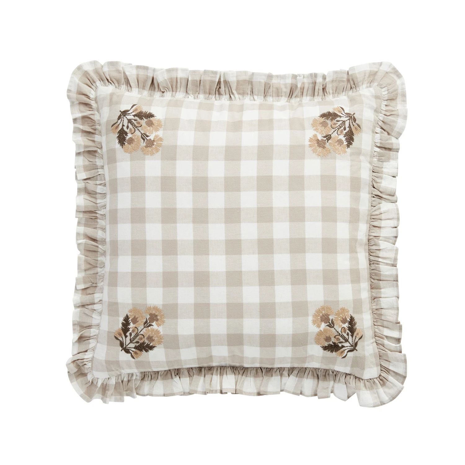 Matilda Beige Gingham Ruffle Floral Embroidered Linen Blend Cushion 1 Matilda Beige Gingham Ruffle Floral Embroidered Linen Blend Cushion