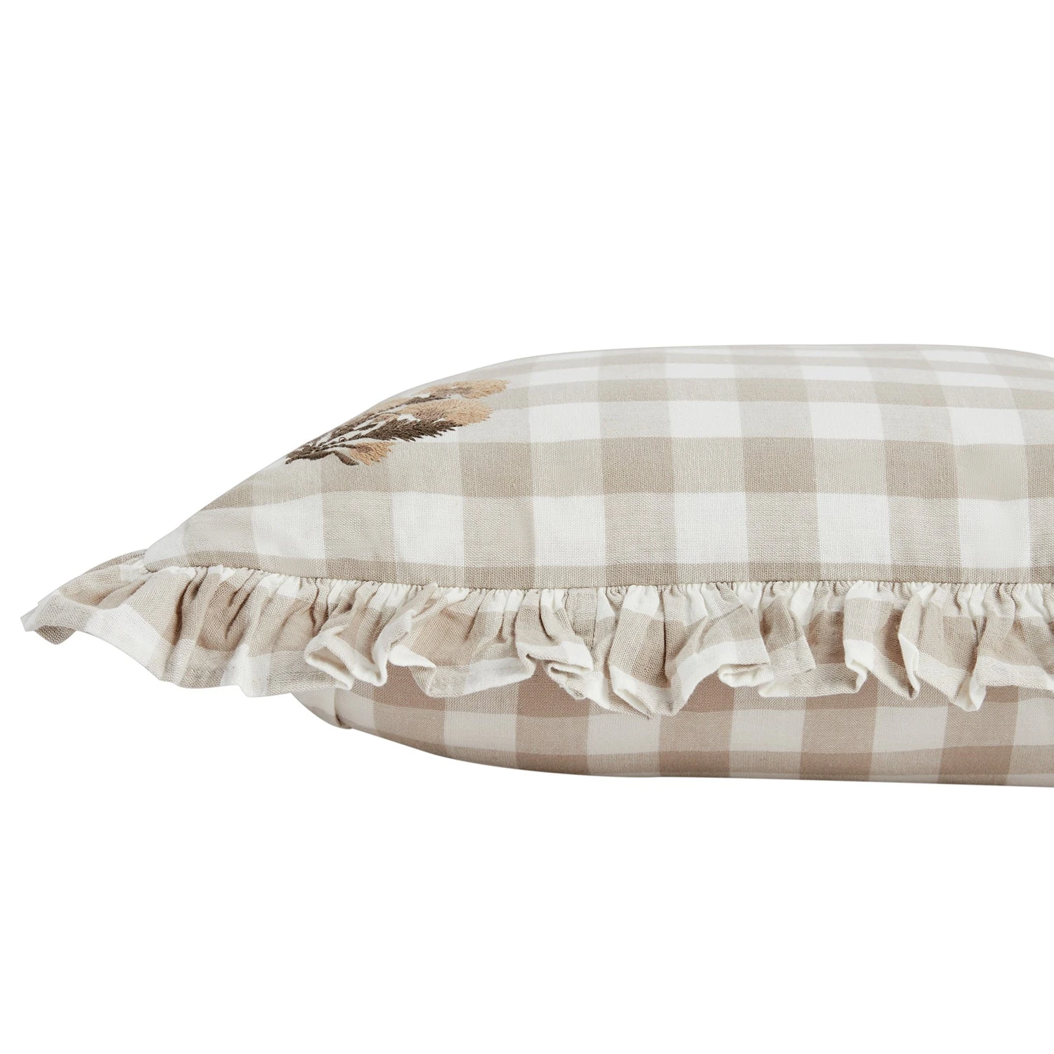 Matilda Beige Gingham Ruffle Floral Embroidered Linen Blend Cushion 5 Matilda Beige Gingham Ruffle Floral Embroidered Linen Blend Cushion - Image 5
