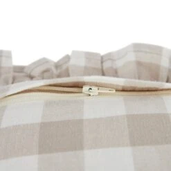 Matilda Beige Gingham Ruffle Floral Embroidered Linen Blend Cushion 11 Matilda Beige Gingham Ruffle Floral Embroidered Linen Blend Cushion -Daals Store HW CUSH MATILDA GINGHAM BGE detail3