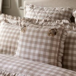 Matilda Beige Gingham Ruffle Floral Embroidered Linen Blend Cushion 7 Matilda Beige Gingham Ruffle Floral Embroidered Linen Blend Cushion -Daals Store HW CUSH MATILDA GINGHAM BGE main