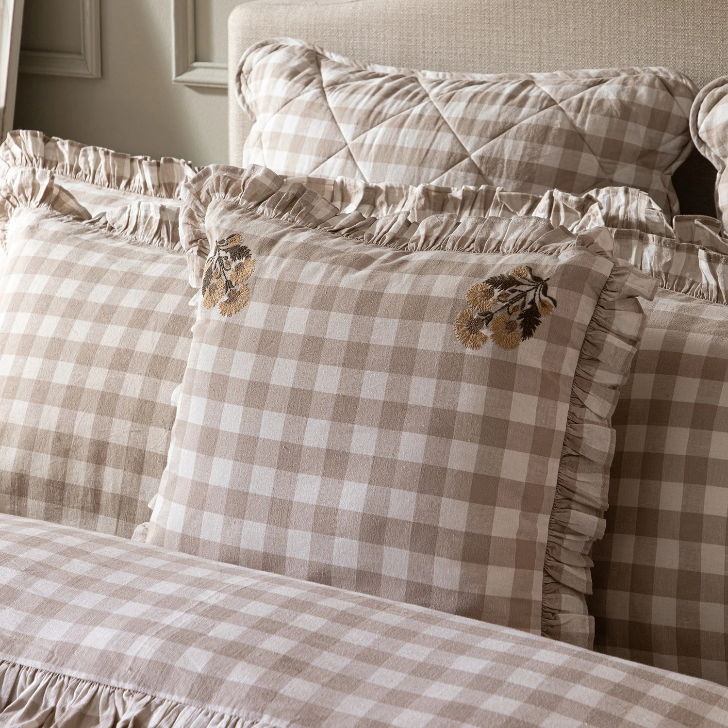 Matilda Beige Gingham Ruffle Floral Embroidered Linen Blend Cushion 2 Matilda Beige Gingham Ruffle Floral Embroidered Linen Blend Cushion - Image 2