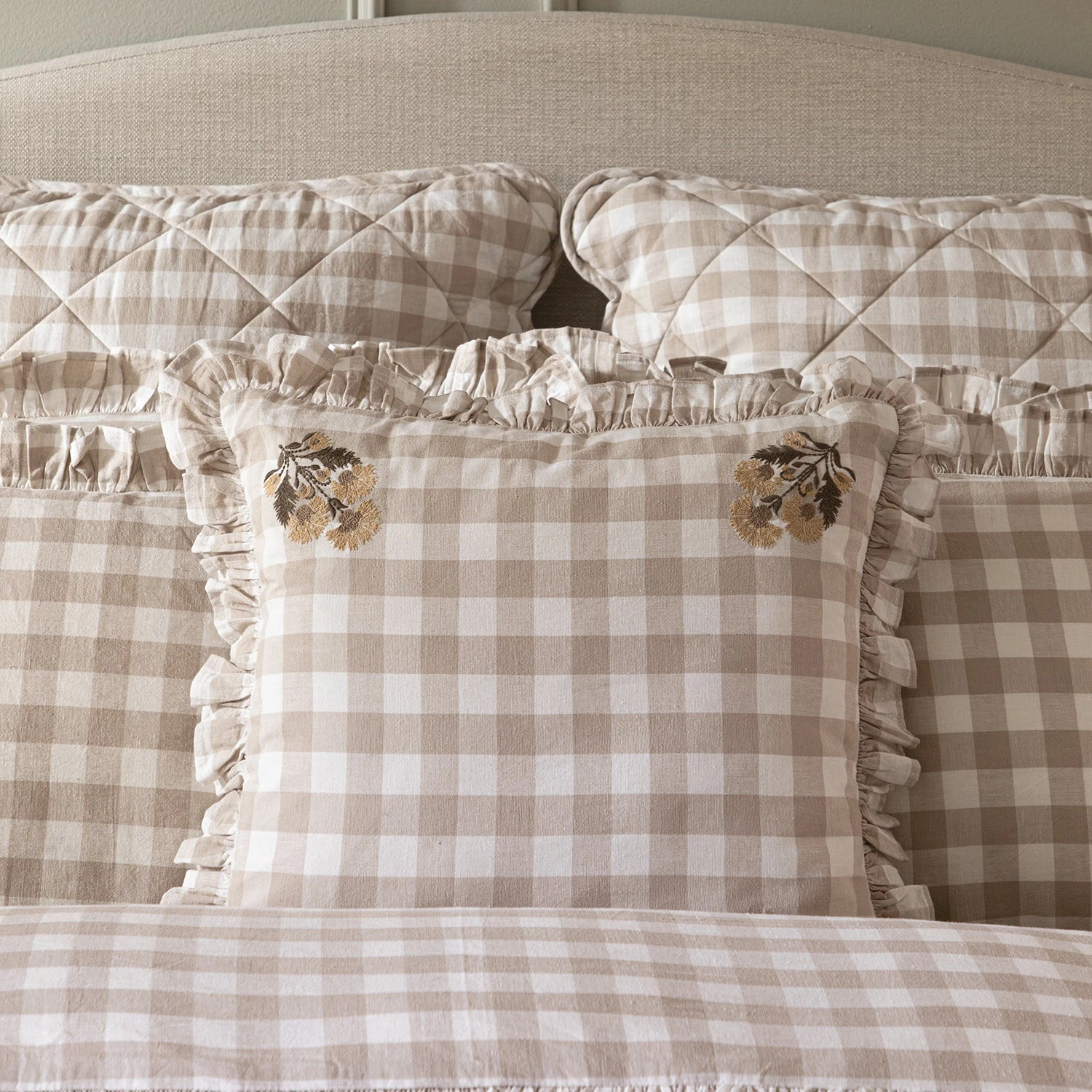 Matilda Beige Gingham Ruffle Floral Embroidered Linen Blend Cushion 3 Matilda Beige Gingham Ruffle Floral Embroidered Linen Blend Cushion - Image 3