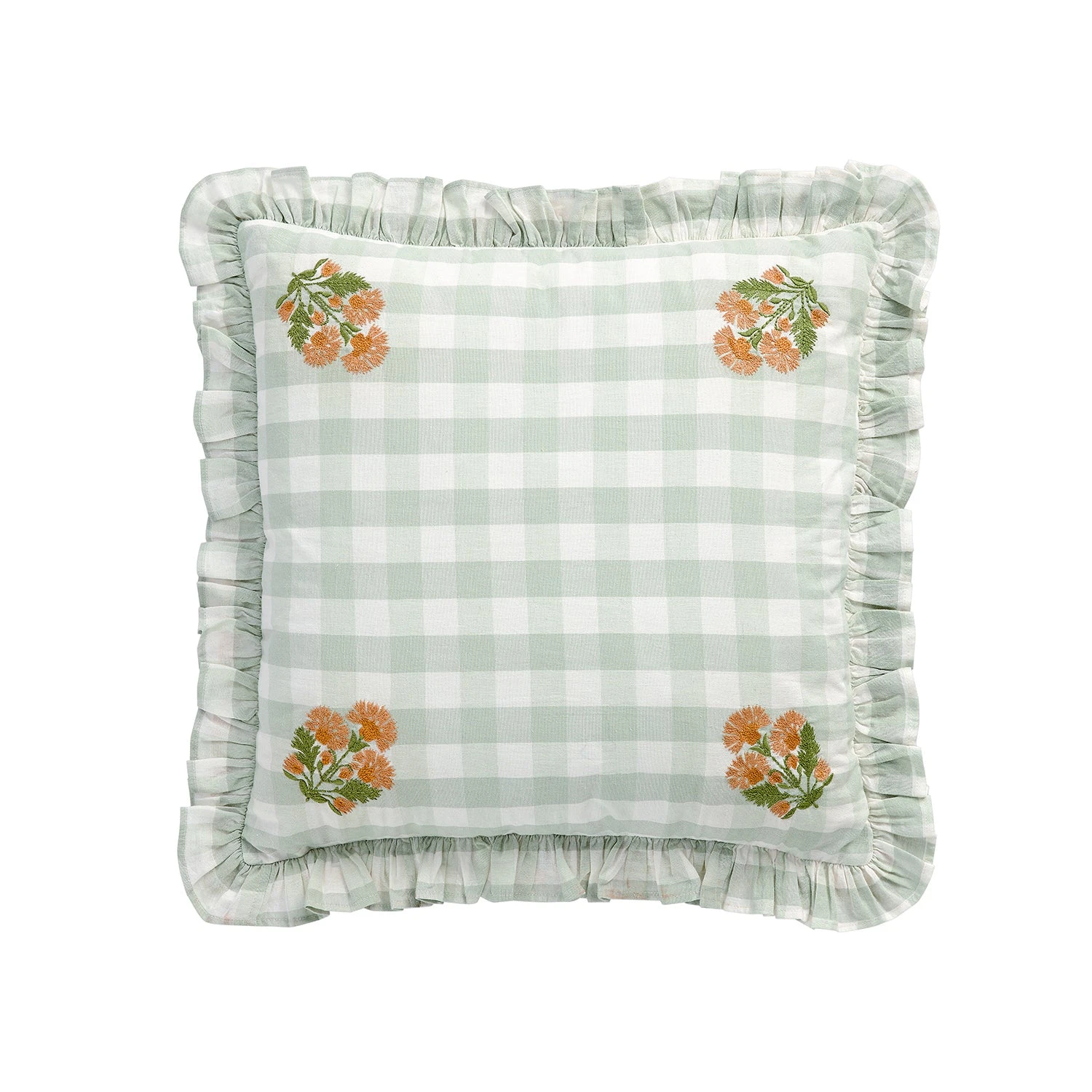 Matilda Sage Green Gingham Ruffle Cushion β Floral Embroidered Linen Blend Square Pillow 1 Matilda Sage Green Gingham Ruffle Cushion β Floral Embroidered Linen Blend Square Pillow