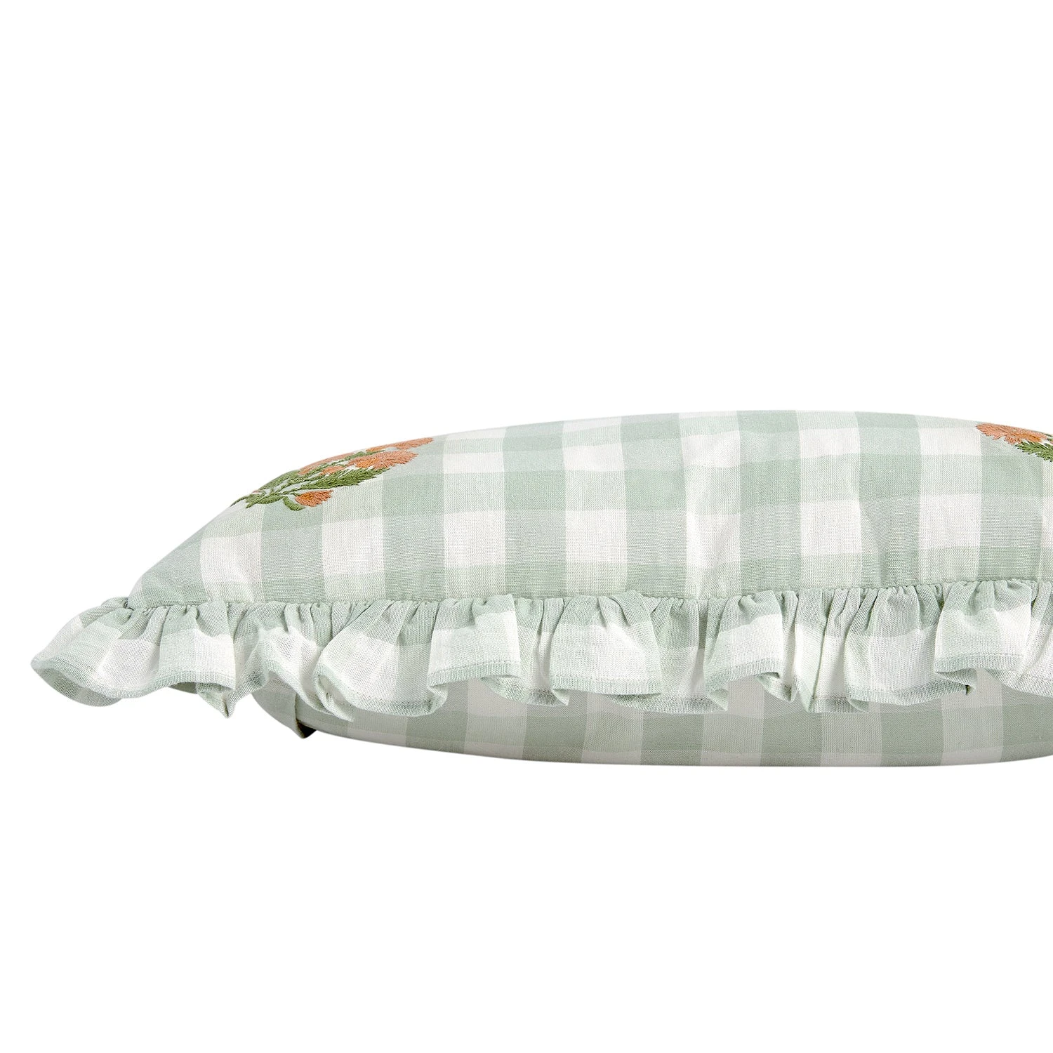 Matilda Sage Green Gingham Ruffle Cushion β Floral Embroidered Linen Blend Square Pillow 2 Matilda Sage Green Gingham Ruffle Cushion β Floral Embroidered Linen Blend Square Pillow - Image 2