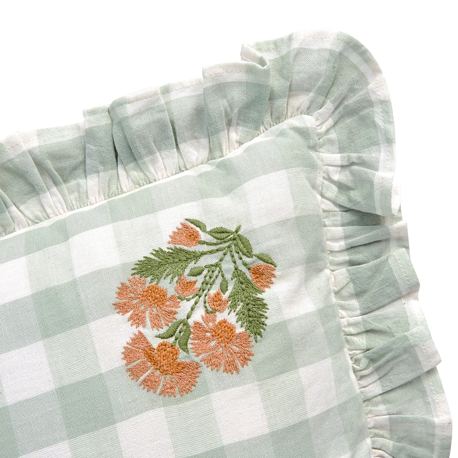 Matilda Sage Green Gingham Ruffle Cushion β Floral Embroidered Linen Blend Square Pillow 3 Matilda Sage Green Gingham Ruffle Cushion β Floral Embroidered Linen Blend Square Pillow - Image 3
