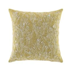 Meadow Corn Yellow Hand Beaded Floral Cushion – Embroidered Cotton Slub Decorative Pillow -Daals Store HW CUSH MEADOWCORN45 WB1
