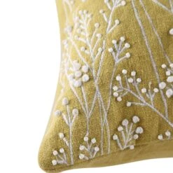 Meadow Corn Yellow Hand Beaded Floral Cushion – Embroidered Cotton Slub Decorative Pillow -Daals Store HW CUSH MEADOWCORN45 detail3
