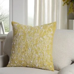 Meadow Corn Yellow Hand Beaded Floral Cushion – Embroidered Cotton Slub Decorative Pillow
