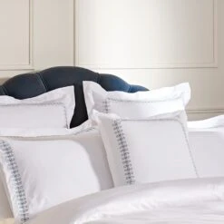 Milano White & Air Force Blue Knot Border – Heritage Embroidered 50x50 Cotton Cushion -Daals Store HW CUSH MILANO BLUE main