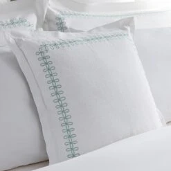 Milano White & Sea Spray Green Embroidered Knot Border Cotton Cushion (50x50cm) -Daals Store HW CUSH MILANO GREEN main