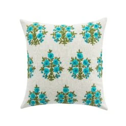 daals Indra Mughal Cyan Blue Wool Embroidered Cushion – 50x50cm Handmade Floral Cotton Pillow
