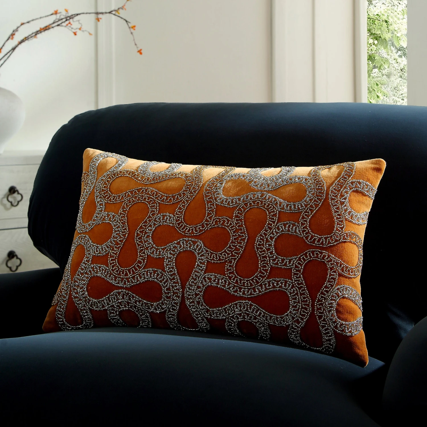 Luxe Collection Orla Apricot Cotton Velvet Cushion β Hand Beaded Metallic Silver Lumbar Pillow 1 Luxe Collection Orla Apricot Cotton Velvet Cushion β Hand Beaded Metallic Silver Lumbar Pillow