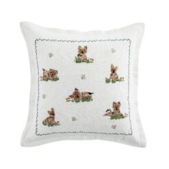 daals Whimsical Animals Playful Pooches White Cotton-Slub Hand-Embroidered Square Cushion