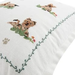 daals Whimsical Animals Playful Pooches White Cotton-Slub Hand-Embroidered Square Cushion -Daals Store HW CUSH POOCHES detail2