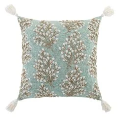 Vine Collection Primula Teal Blue Cotton Slub – Hand Embroidered Floral Beaded Cushion with Tassels -Daals Store HW CUSH PRIMULA45 WB1
