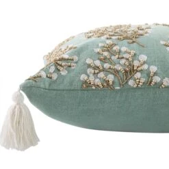 Vine Collection Primula Teal Blue Cotton Slub – Hand Embroidered Floral Beaded Cushion with Tassels -Daals Store HW CUSH PRIMULA45 detail1