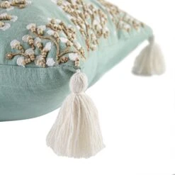 Vine Collection Primula Teal Blue Cotton Slub – Hand Embroidered Floral Beaded Cushion with Tassels -Daals Store HW CUSH PRIMULA45 detail2