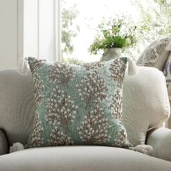 Vine Collection Primula Teal Blue Cotton Slub – Hand Embroidered Floral Beaded Cushion with Tassels -Daals Store HW CUSH PRIMULA45 scene1