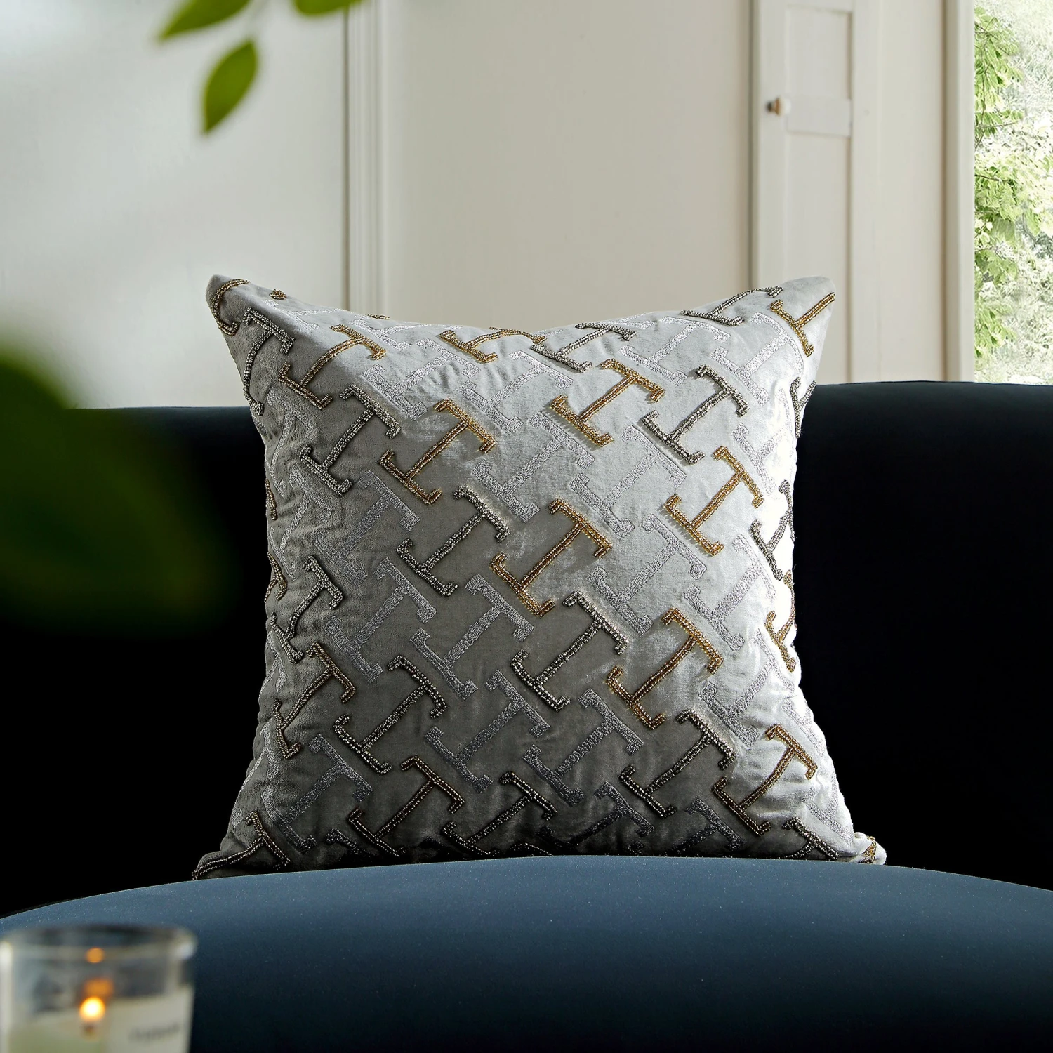 Luxe Collection Reina Silver Cotton Velvet – Hand Beaded Golden Accents Glam Cushion 1 Luxe Collection Reina Silver Cotton Velvet – Hand Beaded Golden Accents Glam Cushion