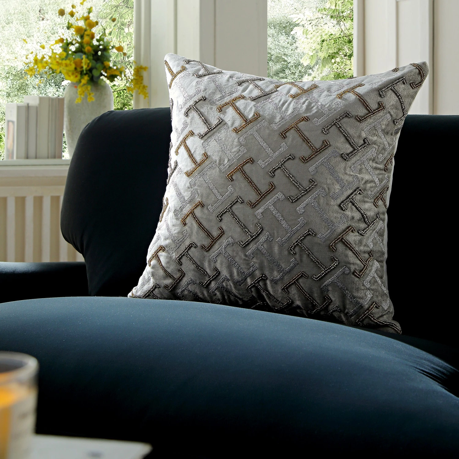 Luxe Collection Reina Silver Cotton Velvet – Hand Beaded Golden Accents Glam Cushion 2 Luxe Collection Reina Silver Cotton Velvet – Hand Beaded Golden Accents Glam Cushion - Image 2