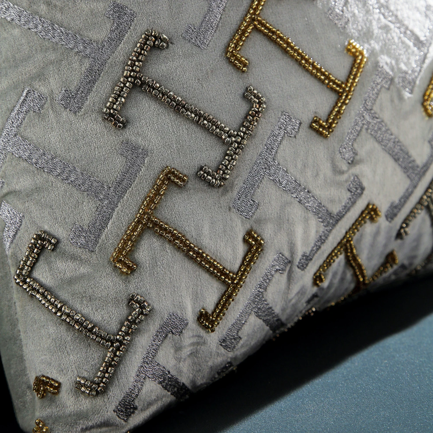 Luxe Collection Reina Silver Cotton Velvet – Hand Beaded Golden Accents Glam Cushion 3 Luxe Collection Reina Silver Cotton Velvet – Hand Beaded Golden Accents Glam Cushion - Image 3