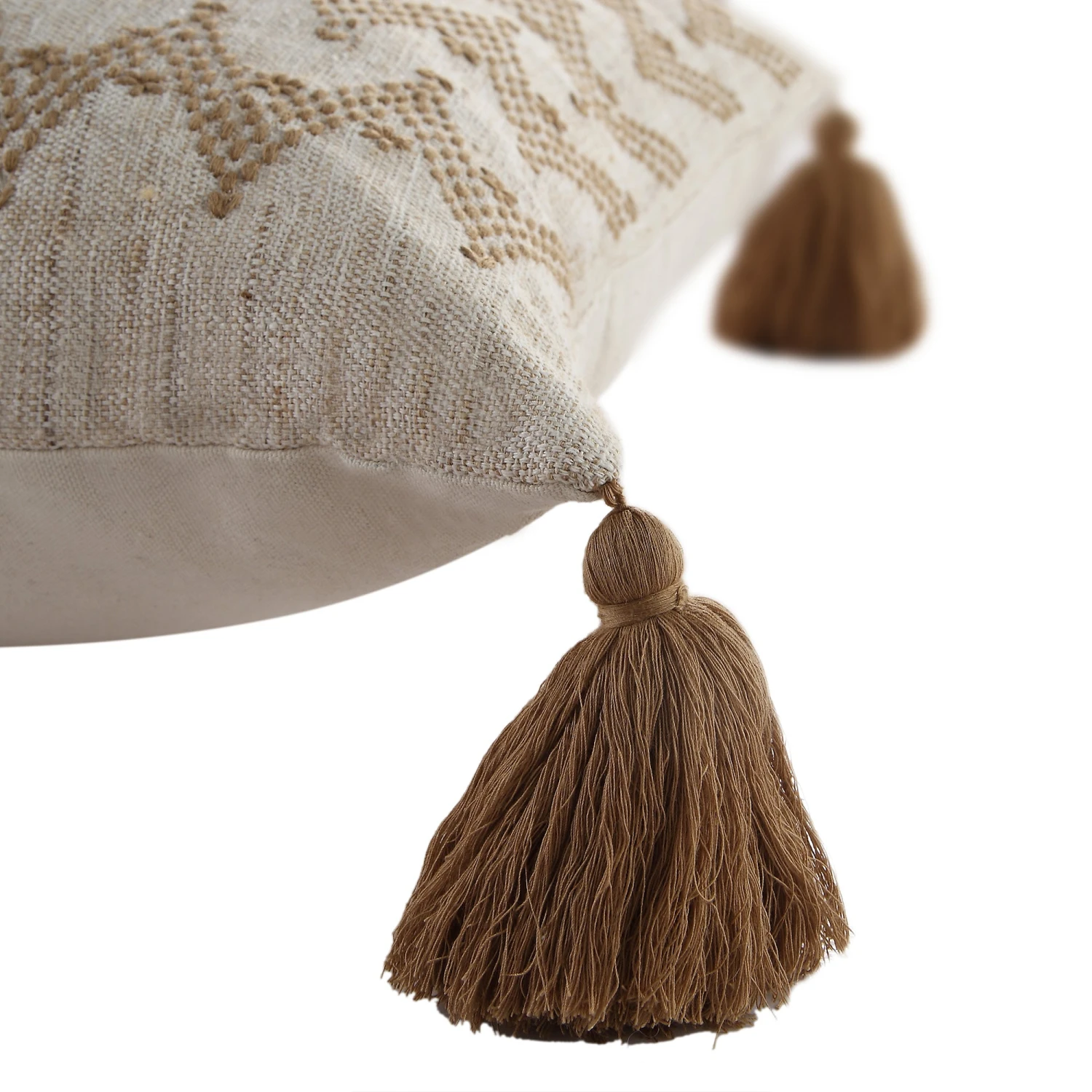 Boho Collection River Cushion β Natural Woven Cotton with Beige Zig-Zag Running Stitch & Tassels 4 Boho Collection River Cushion β Natural Woven Cotton with Beige Zig-Zag Running Stitch & Tassels - Image 4