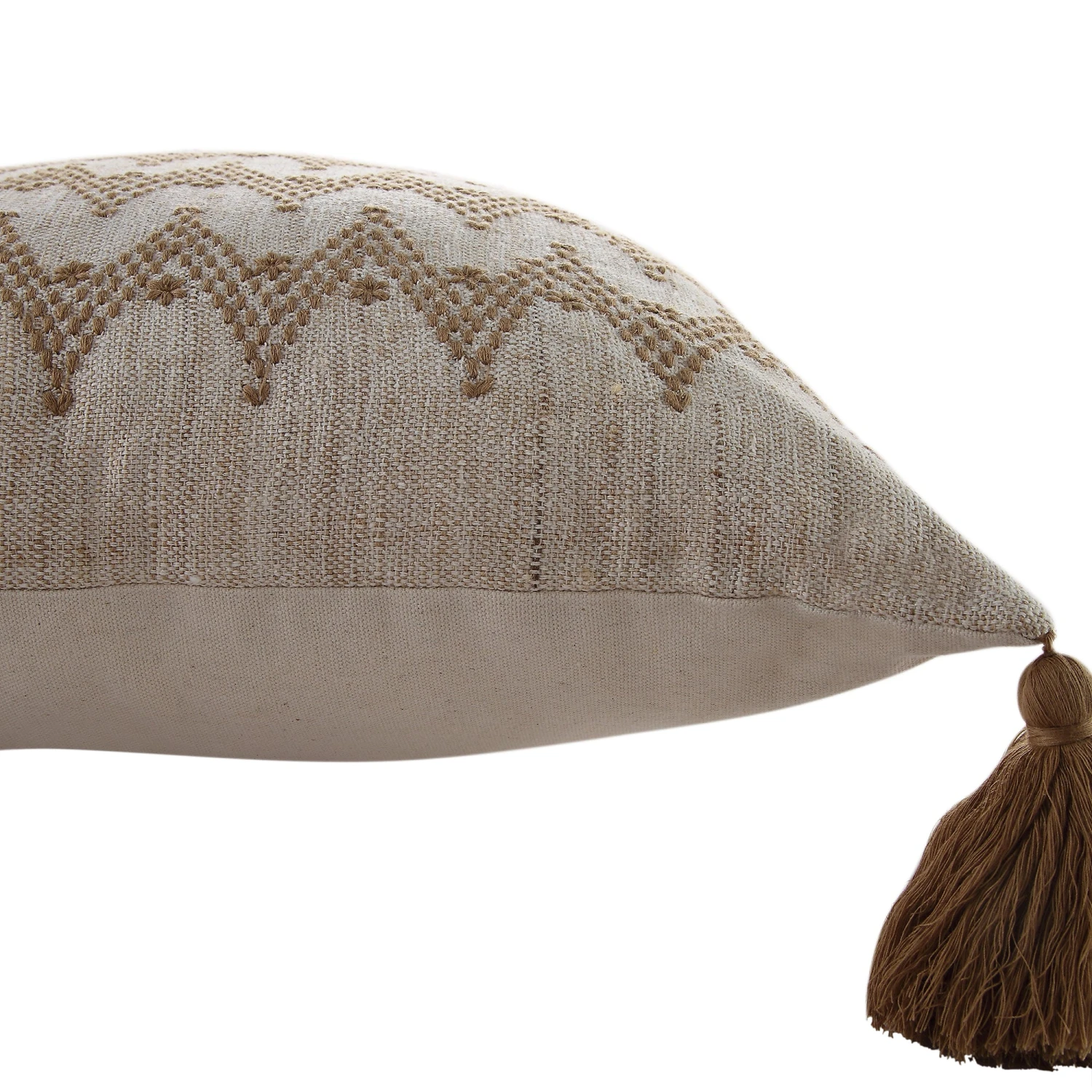 Boho Collection River Cushion β Natural Woven Cotton with Beige Zig-Zag Running Stitch & Tassels 5 Boho Collection River Cushion β Natural Woven Cotton with Beige Zig-Zag Running Stitch & Tassels - Image 5