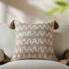 Boho Collection River Cushion – Natural Woven Cotton with Beige Zig-Zag Running Stitch & Tassels