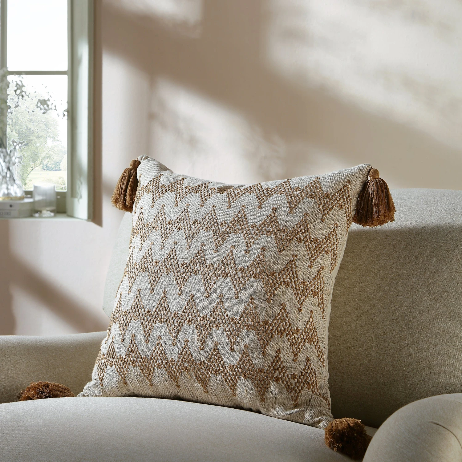 Boho Collection River Cushion β Natural Woven Cotton with Beige Zig-Zag Running Stitch & Tassels 2 Boho Collection River Cushion β Natural Woven Cotton with Beige Zig-Zag Running Stitch & Tassels - Image 2