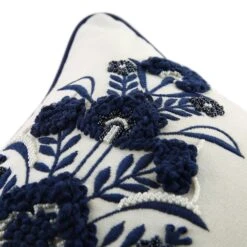 Indigo Collection Saphira White & Blue Floral Rectangular Cushion - Hand-Embroidered Beadwork -Daals Store HW CUSH SAPHIRA35 detail2