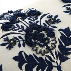 Indigo Collection Saphira White & Blue Floral Rectangular Cushion - Hand-Embroidered Beadwork -Daals Store HW CUSH SAPHIRA35 detail3