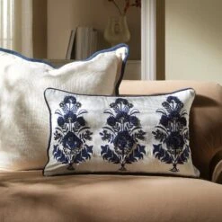 Indigo Collection Saphira White & Blue Floral Rectangular Cushion - Hand-Embroidered Beadwork