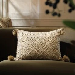 Boho Collection Savannah French Knot Tassel Cushion - Hand-Embroidered Cotton Lumbar Pillow -Daals Store HW CUSH SAVANNAH35 scene1