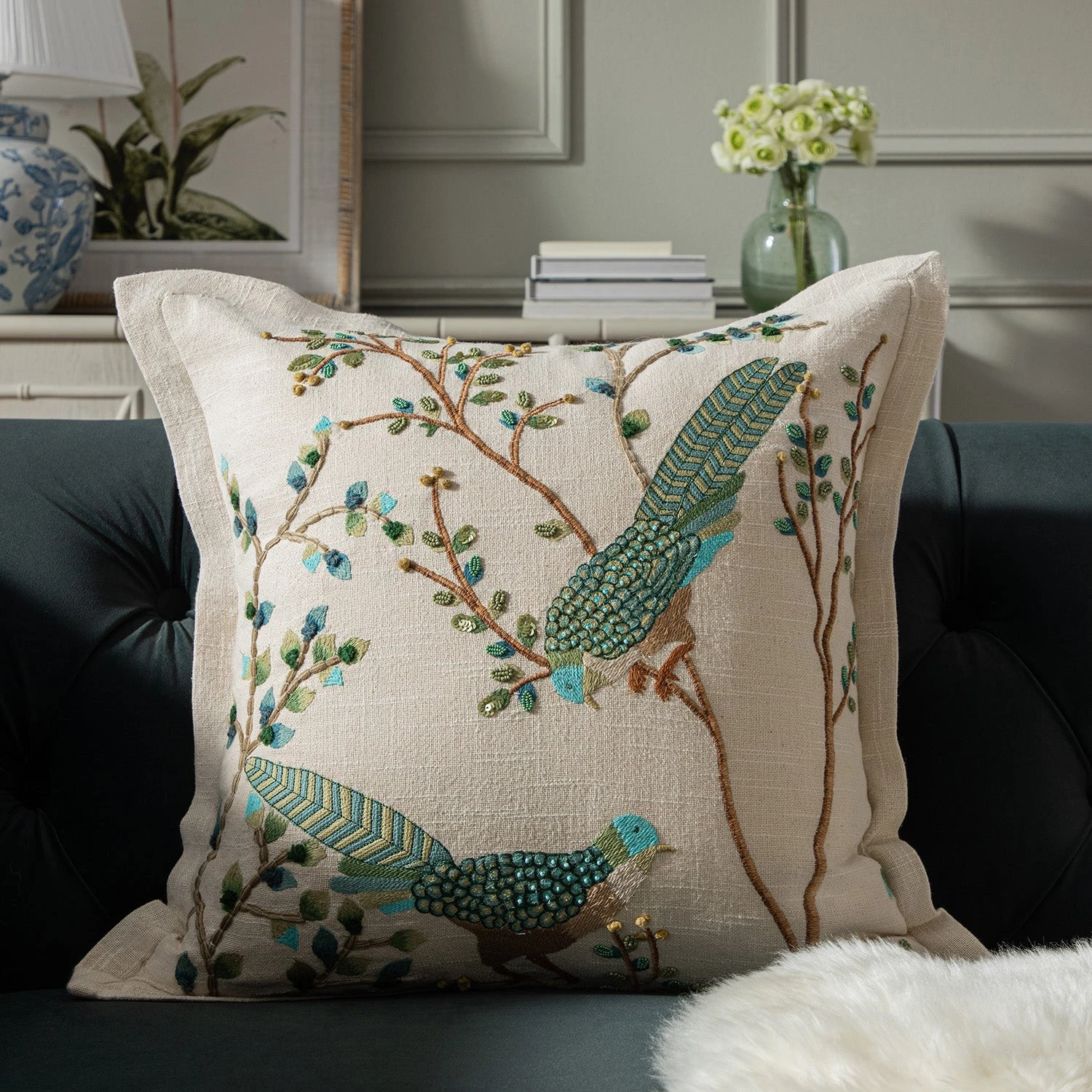 Flora & Fauna Hand Embroidered Songbird Cushion 1 Flora & Fauna Hand Embroidered Songbird Cushion