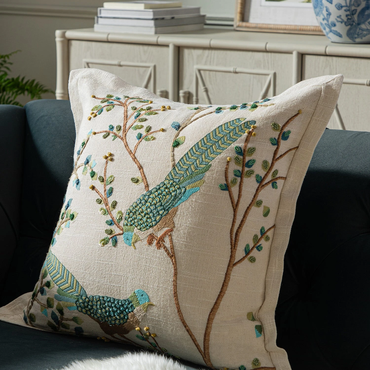 Flora & Fauna Hand Embroidered Songbird Cushion 2 Flora & Fauna Hand Embroidered Songbird Cushion - Image 2
